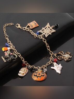 🎃 Women’s Halloween Charm Bracelet Pumpkin Rhinestones Skull Cat Jewelry Charms